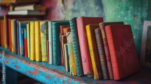 Row of Books on Blue Shelf