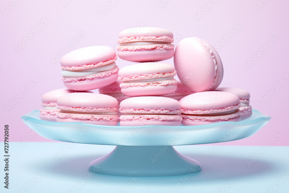 Vibrant pink macarons on pastel blue stand. Concept: bakery ads, dessert menu, party invitations, foodie photoshoots. Copy space available. Vibrant pink macarons on pastel blue stand. Concept: bakery ads, dessert menu, party invitations, foodie photoshoots. Copy space available.