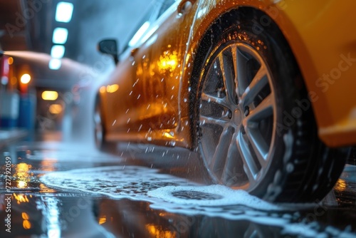 Close Up of a Yellow Car on a Wet Street © lublubachka