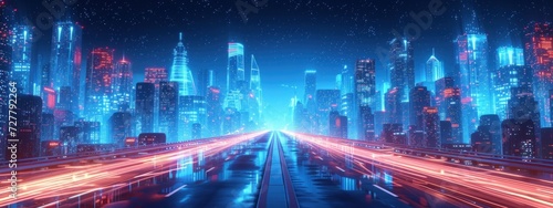 A Futuristic City at Night With Neon Lights