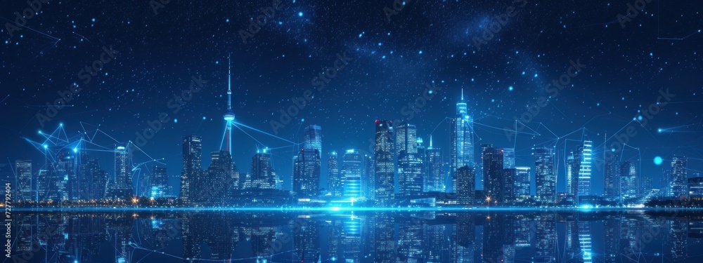 Obraz premium A City at Night With Lights Reflecting in the Water