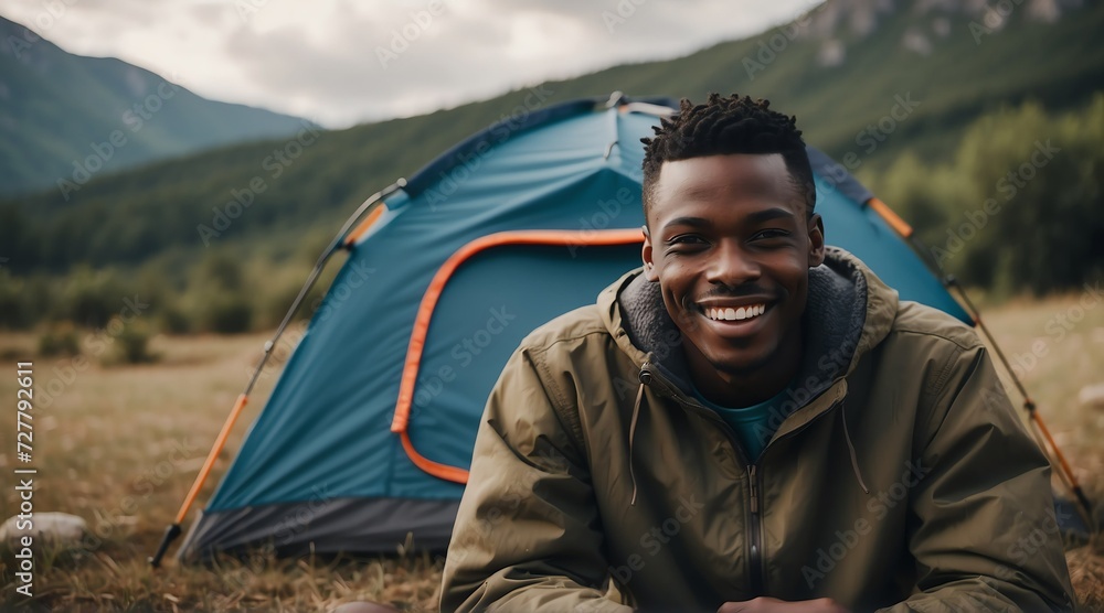 Portrait of a happy smiling handsome young black african man on camping site at the mountain with a tent on the background from Generative AI - obrazy, fototapety, plakaty 