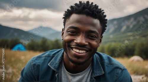 Portrait of a happy smiling handsome young black african man on camping site at the mountain with a tent on the background from Generative AI