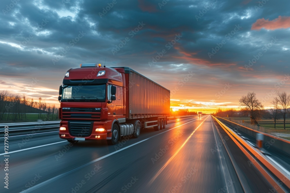 Red Semi Truck Driving Down a Highway Red Semi Truck Driving Down a Highway