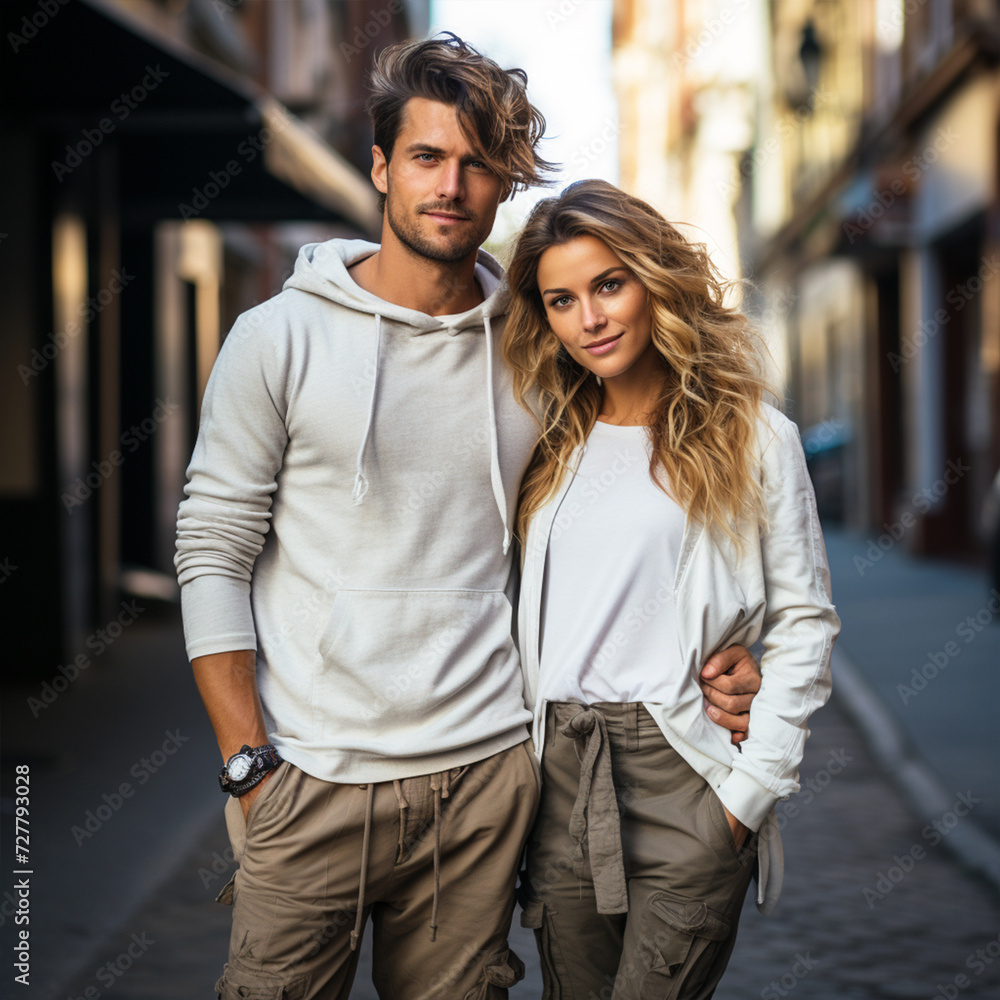Portrait of a young couple wearing white posing in street