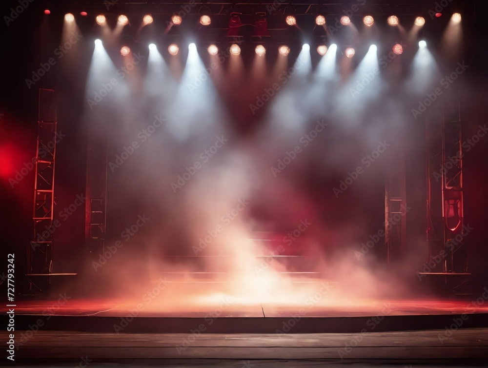 Empty scene with red stage spotlights, warm centered colored light and smoke from Generative AI
