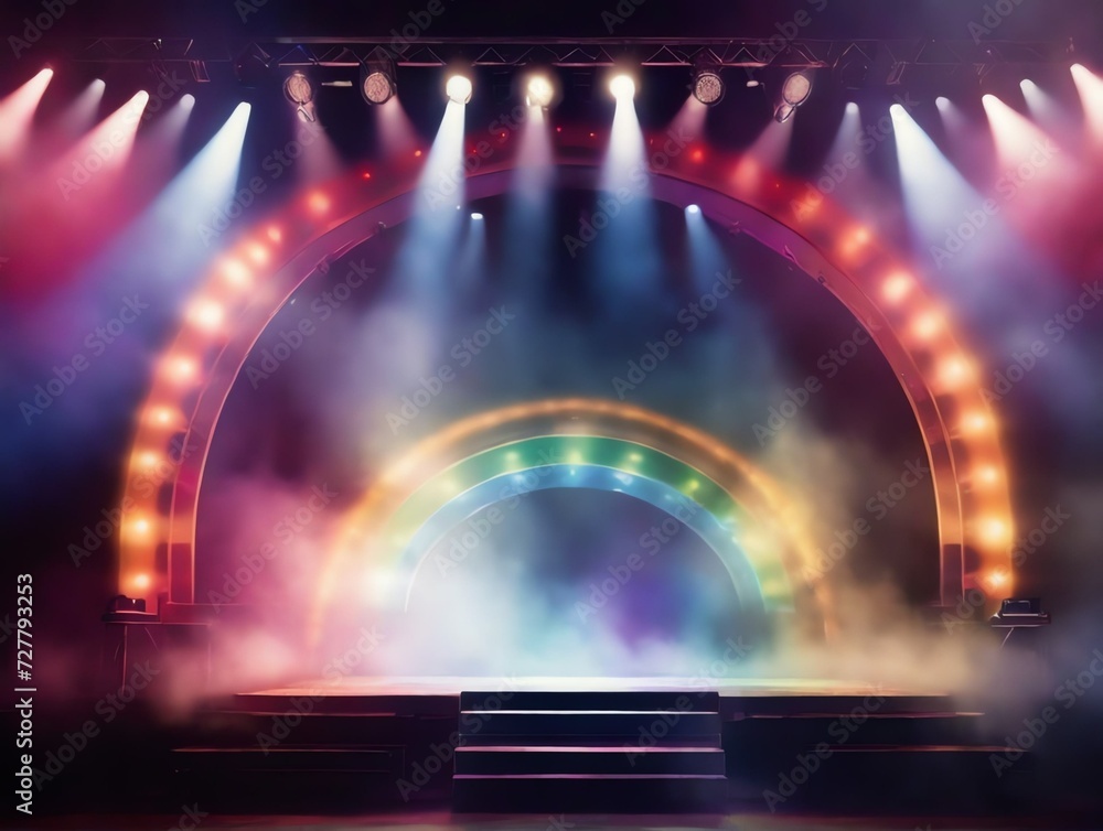 Empty scene with rainbow stage spotlights, warm centered colored light and smoke from Generative AI