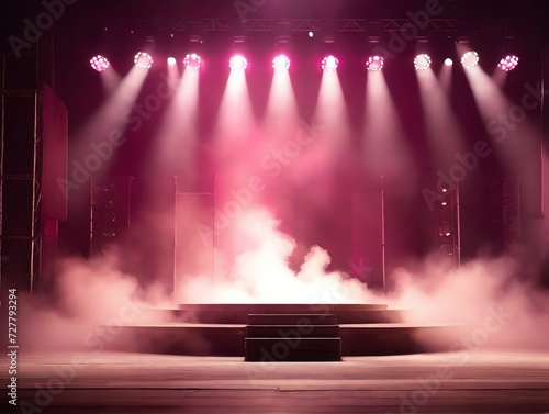 Empty scene with pink stage spotlights, warm centered colored light and smoke from Generative AI