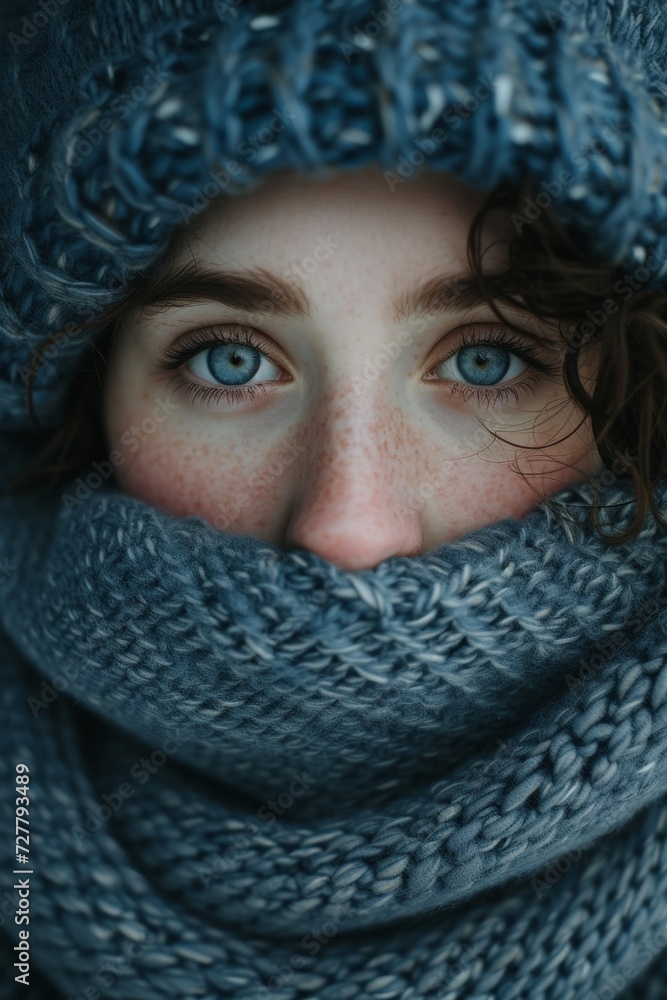Woman With Blue Eyes Wearing Blue Scarf Woman With Blue Eyes Wearing Blue Scarf