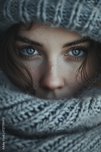 Woman With Blue Eyes Wrapped in Blanket