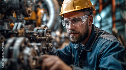 A professional mechanical engineer is operating complex mechanical equipment in an industrial plant, Demonstrating professional technical ability. Generative AI.