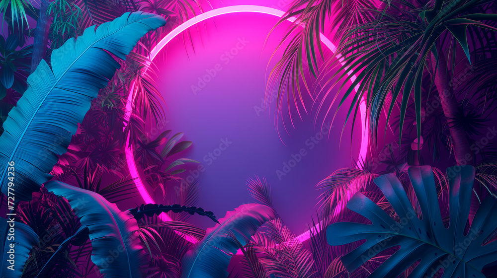 Modern trendy neon glowing light with neon blue palm tropical leaves on a violet background. Design template. Frame with copy space for text. Top view, flat lay.Generative AI - obrazy, fototapety, plakaty 