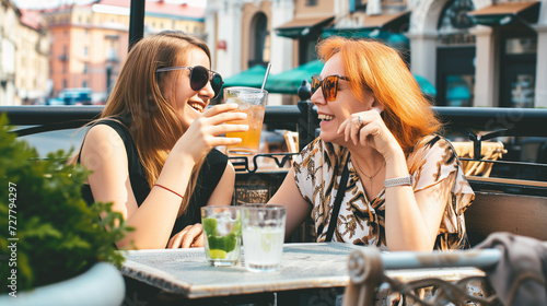 Mother And Adult Daughter Having Iced Drinks Together in terrace,