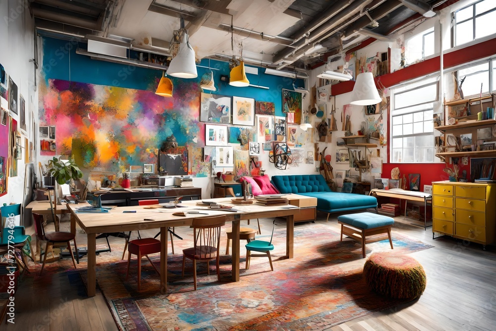  Artistic studio space with an eclectic mix of furniture, vibrant colors, and creative decor inspiring the creative mind.