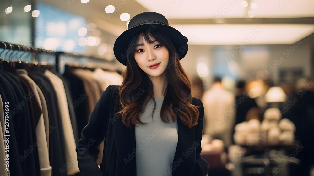 帽子を試着する女性 帽子を試着する女性