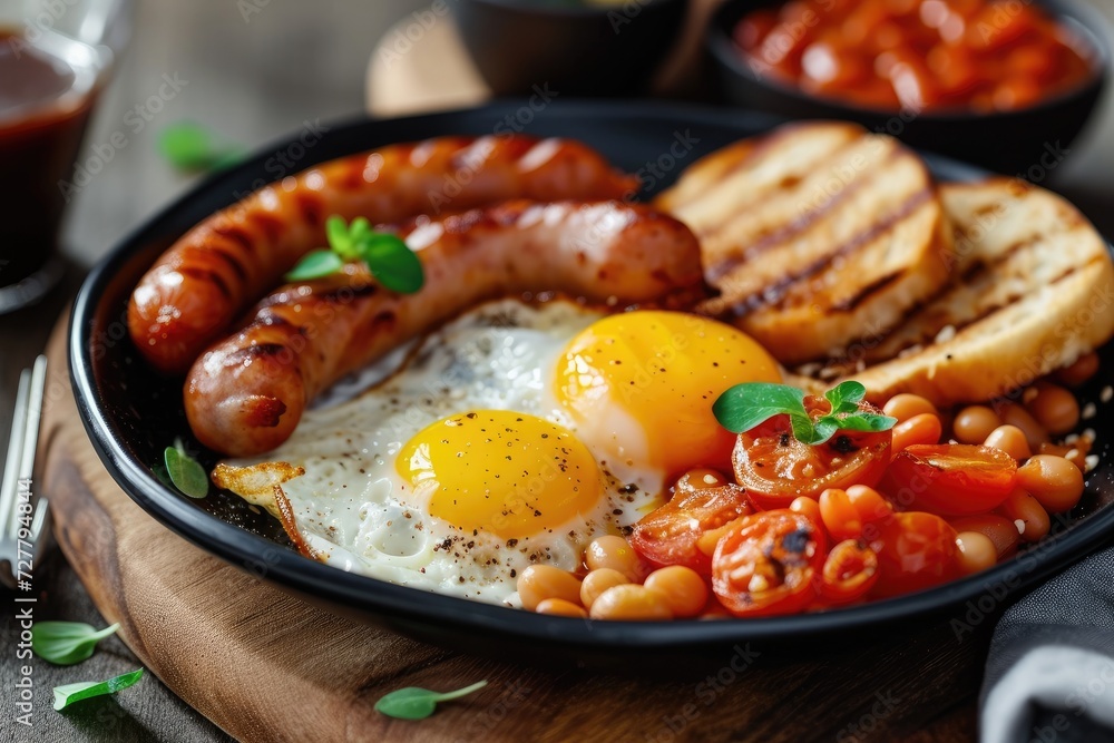A classic English breakfast with fried eggs, sausages, baked beans, and grilled tomatoes A classic English breakfast with fried eggs, sausages, baked beans, and grilled tomatoes