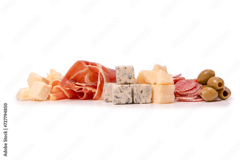 Cheese, olives, salami, jamon isolated on a white backgrund. Cheese, olives, salami, jamon isolated on a white backgrund.