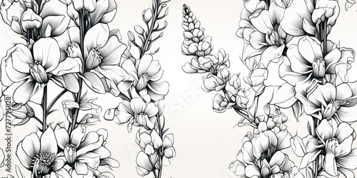 monkshood aconitum flowers in black and white colors. Coloring relaxing book background. Paint Drawing sketch photo