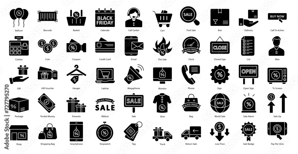 Black Friday Glyph Icons Shopping Basket Sale Iconset 50 Vector Icons