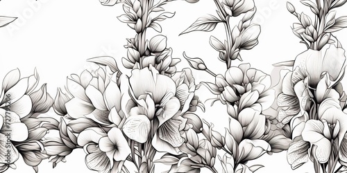 monkshood aconitum flowers in black and white colors. Coloring relaxing book background. Paint Drawing sketch photo