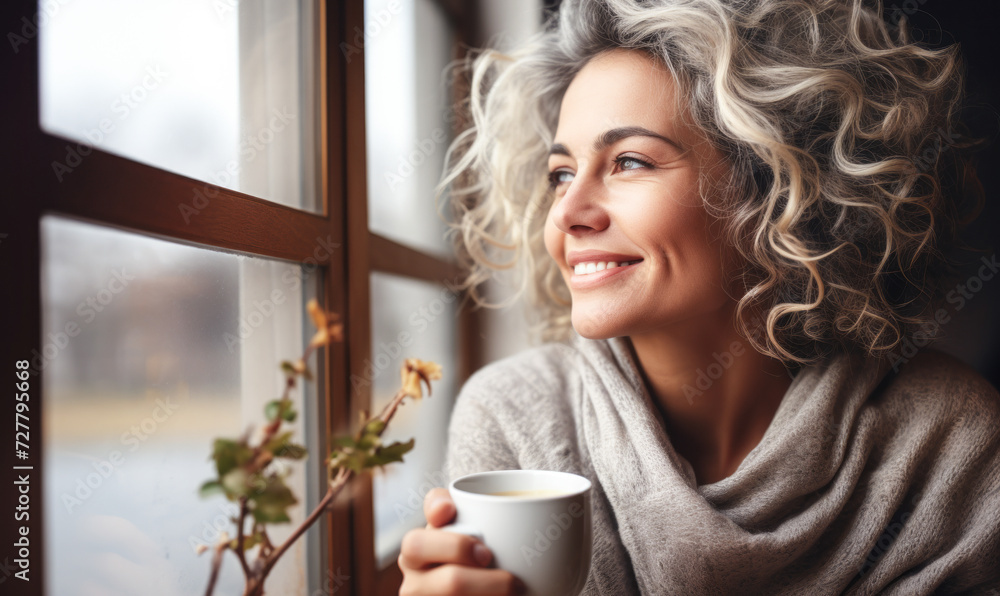 Content Middle-Aged Woman in Cozy Sweater Sips Hot Drink, Gazes through Window, and Embraces the Peaceful Serenity of a Winter Morning at Home Content Middle-Aged Woman in Cozy Sweater Sips Hot Drink, Gazes through Window, and Embraces the Peaceful Serenity of a Winter Morning at Home