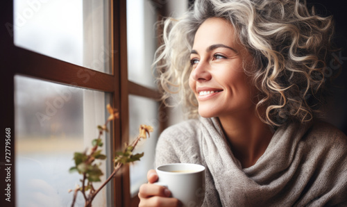 Content Middle-Aged Woman in Cozy Sweater Sips Hot Drink, Gazes through Window, and Embraces the Peaceful Serenity of a Winter Morning at Home