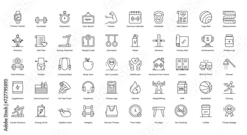 Workout Thin Line Icons Fitness Cardio Gym Iconset in Outline Style 50 Vector Icons in Black