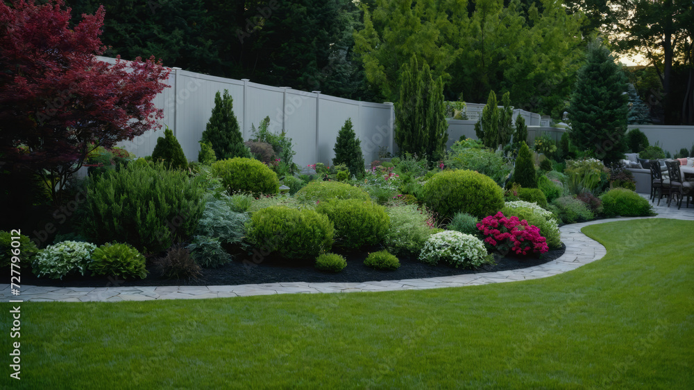 Fototapeta premium Inspiration for urban neighbourhood landscaping, Modern Urban House, wide shots of home gardens, lawns, yards, decks and spaces for outdoor entertaining, garden design, modern architecture concept