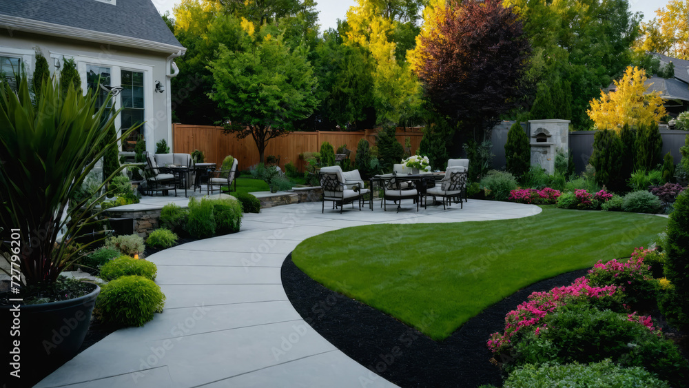 Fototapeta premium Inspiration for urban neighbourhood landscaping, Modern Urban House, wide shots of home gardens, lawns, yards, decks and spaces for outdoor entertaining, garden design, modern architecture concept