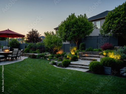 Inspiration for urban neighbourhood landscaping, Modern Urban House, wide shots of home gardens, lawns, yards, decks and spaces for outdoor entertaining, garden design, modern architecture concept © aiximagination