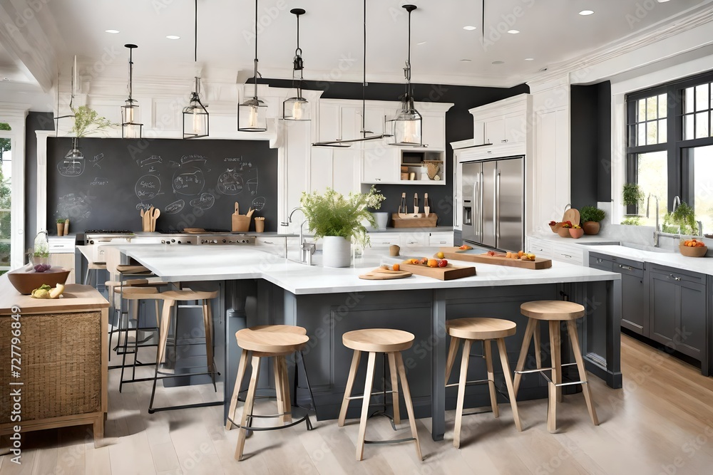 A family-friendly kitchen with a large island, chalkboard wall, and kid-friendly seating. A space designed for both cooking and quality family time