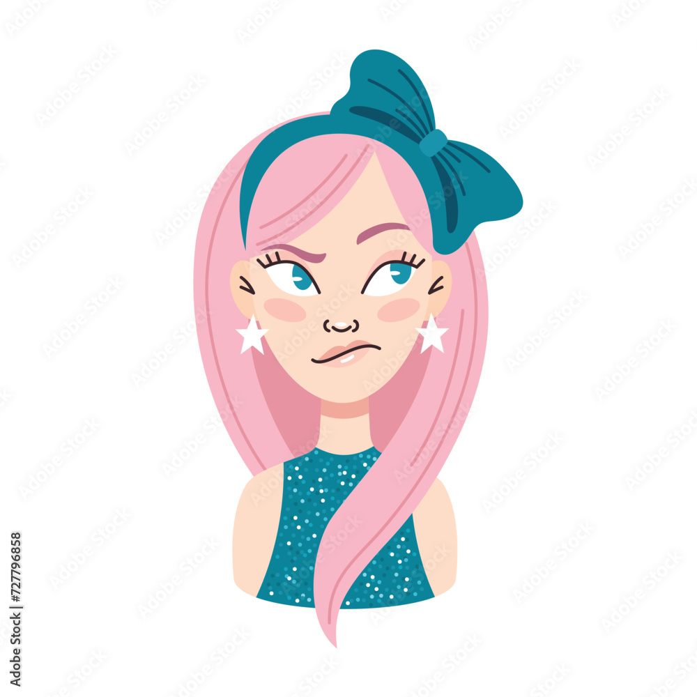 Young dissatisfied skeptical woman with pink hair.Emotions.Bow in hair, earrings stars.Portrait, face, avatar.Cartoon vector illustration on a white background Young dissatisfied skeptical woman with pink hair.Emotions.Bow in hair, earrings stars.Portrait, face, avatar.Cartoon vector illustration on a white background