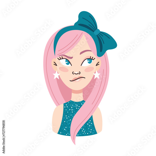 Young dissatisfied skeptical woman with pink hair.Emotions.Bow in hair, earrings stars.Portrait, face, avatar.Cartoon vector illustration on a white background