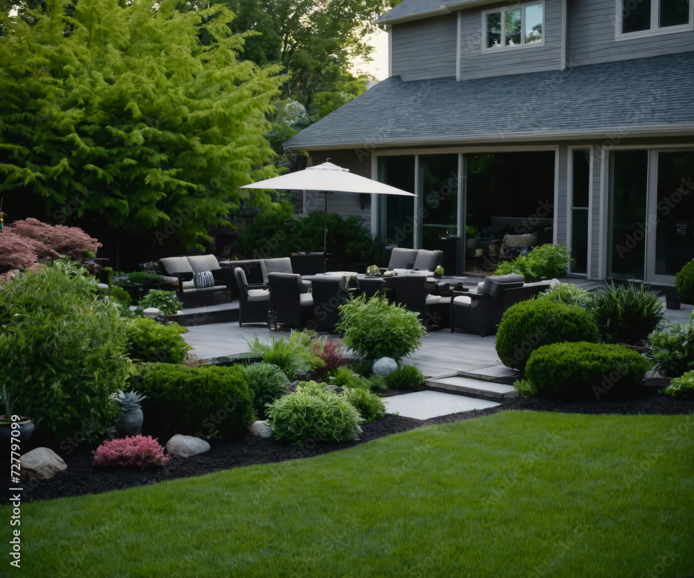 Fototapeta premium Inspiration for urban neighbourhood landscaping, Modern Urban House, wide shots of home gardens, lawns, yards, decks and spaces for outdoor entertaining, garden design, modern architecture concept