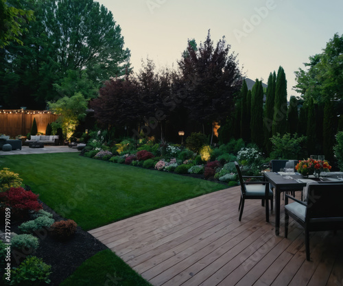 Inspiration for urban neighbourhood landscaping, Modern Urban House, wide shots of home gardens, lawns, yards, decks and spaces for outdoor entertaining, garden design, modern architecture concept © aiximagination