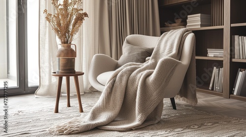 A luxurious cashmere throw over a modern chair, with a backdrop of sheer curtains and a vase of dried flowers, creating an inviting scene of home in a sophisticated interior design magazine. photo