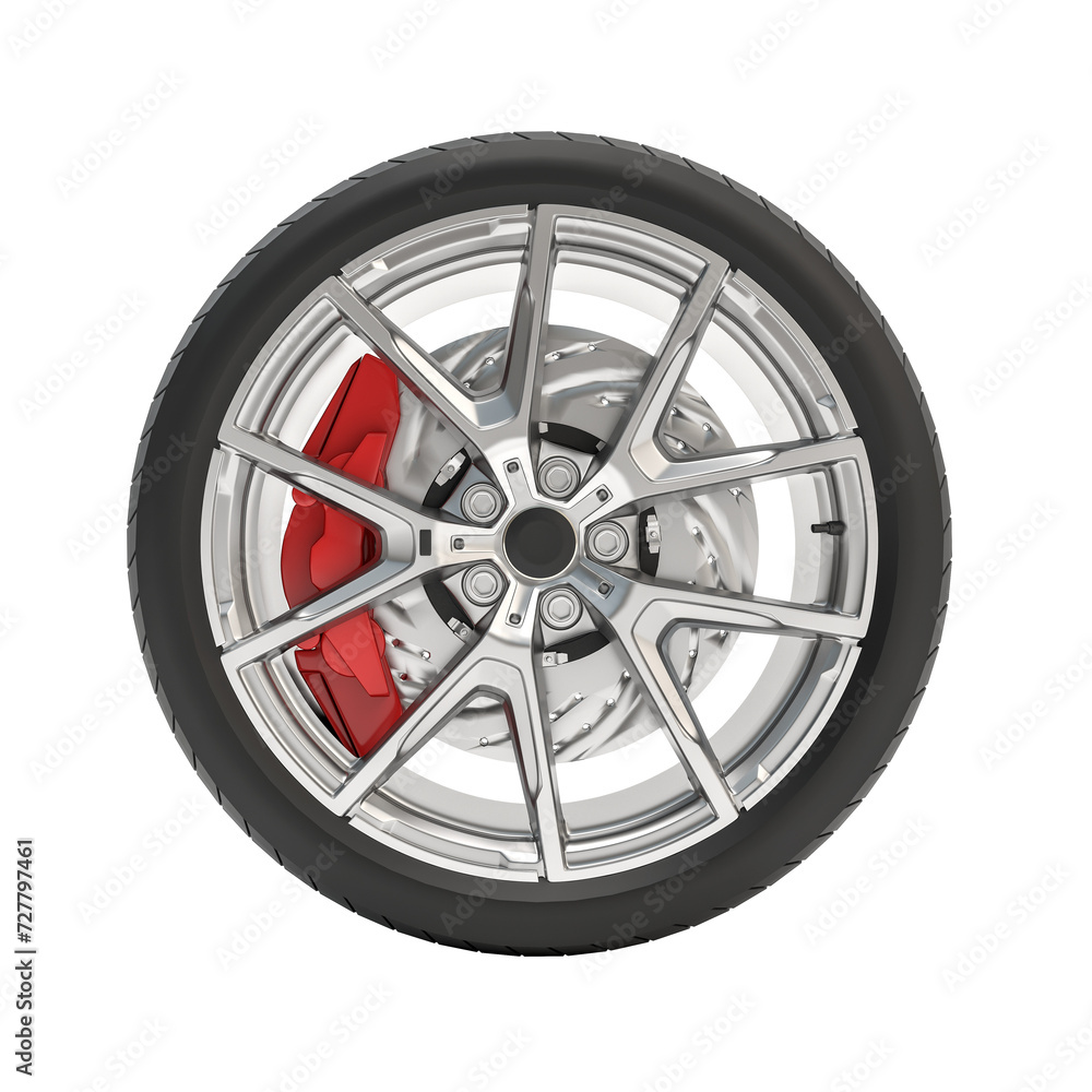 Aluminum wheel car, 3D illustration.