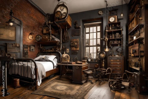 A steampunk-themed bedroom with industrial aesthetics, vintage machinery, and Victorian-inspired decor, creating a fantastical and unique living space