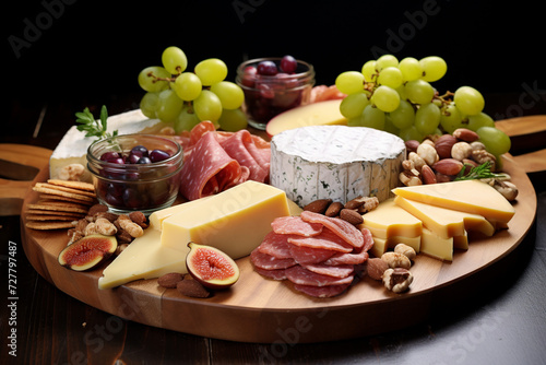 Sophisticated Delight: Cheese and Meat Platter, Artfully Arranged with Fresh Grapes and Nuts, Offering a Perfect Balance of Savory and Sweet Flavors