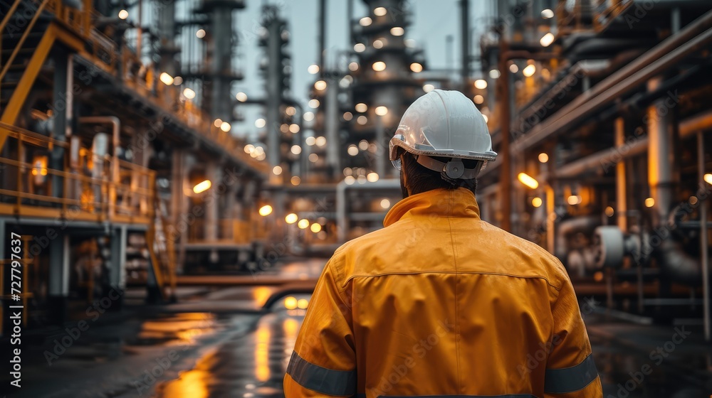 Engineer Technician watching team of workers working in oil refinery with high pressure tanks. Fuel factory technologist. Generative AI. Engineer Technician watching team of workers working in oil refinery with high pressure tanks. Fuel factory technologist. Generative AI.