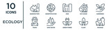 ecology outline icon set such as thin line manufactory, dum, gardening, save water, plant, package, trash icons for report, presentation, diagram, web design