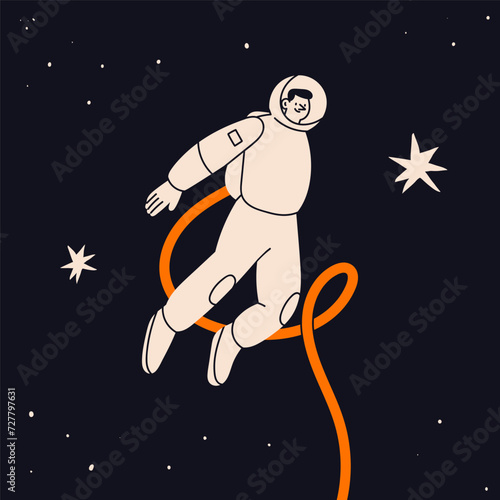 Person flying in outer Space. White spacesuit. Astronaut or spaceman. Cute character. Cartoon flat style. Hand drawn Vector illustration. Isolated design element. Exploration, discovery concept 