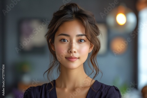 A cheerful and attractive young Asian woman with a beaming smile, exuding beauty and professionalism in an office setting.