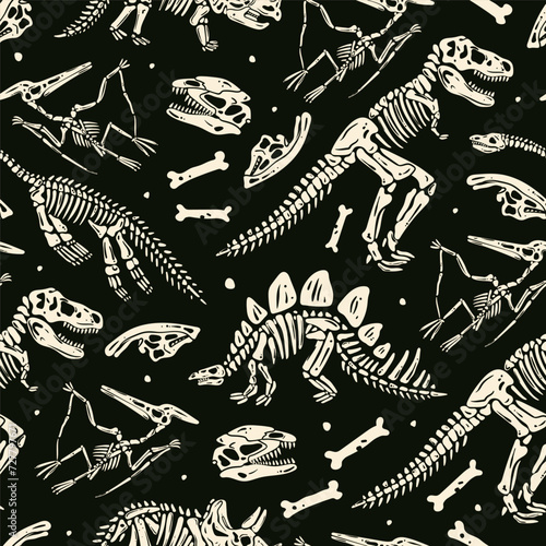 Dinosaur skeletons. Various bones of prehistoric creatures. Hand drawn modern Vector illustration. Museum, fossil, archaeological finds, paleontology concept. Square seamless Pattern