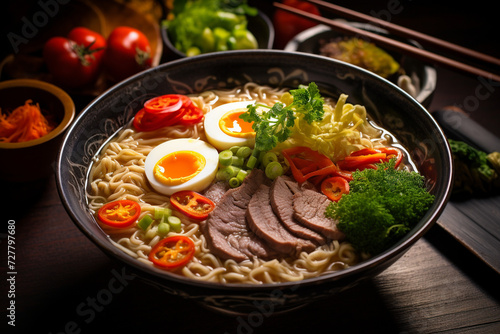 Satisfying Ramen Delight: Japanese Ramen Noodles Served in a Traditional Dish, Enriched with Fresh Vegetables and Tender Meat, Offering an Authentic Taste of Japan's Culinary Heritage