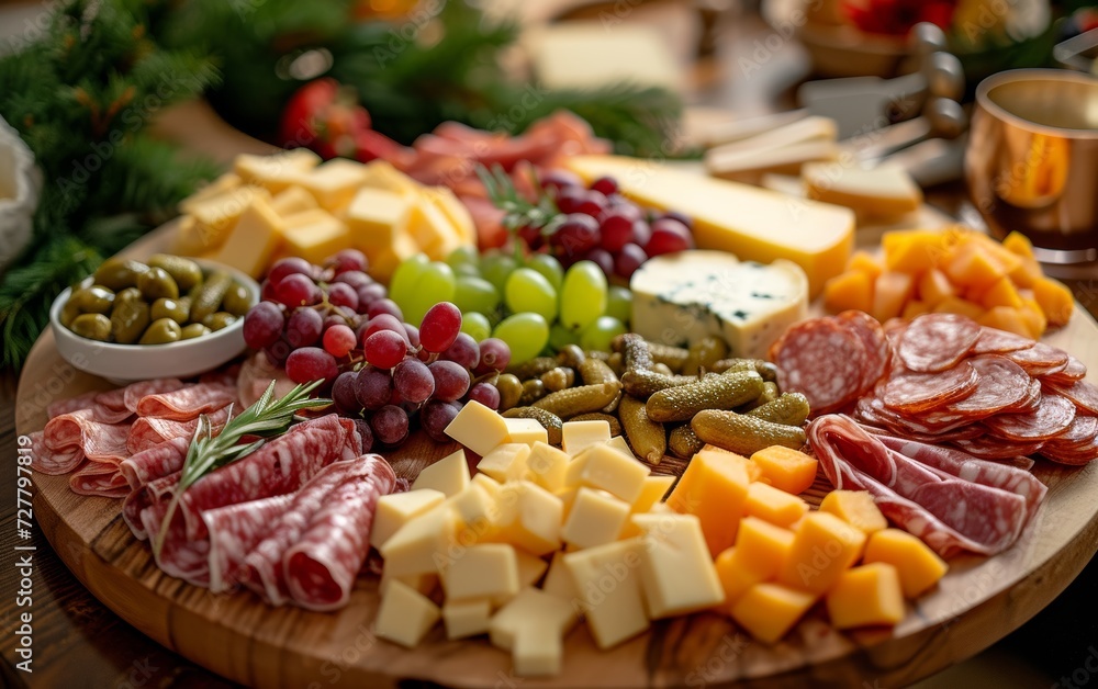 A sumptuous spread of assorted cheeses, meats, pickles, and fruits, perfect for entertaining and grazing.