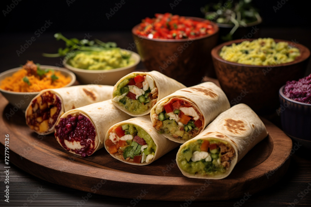 Mini Burrito Fiesta: Bite-sized Burritos Bursting with Various Fillings, Served with Flavorful Guacamole for a Festive and Flavorful Snack or Appetizer
