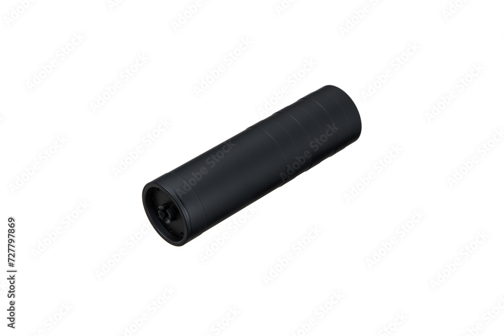 Black silencer for weapons. Suppressor that is at the end of an assault rifle. Isolate on a white back. Black silencer for weapons. Suppressor that is at the end of an assault rifle. Isolate on a white back.