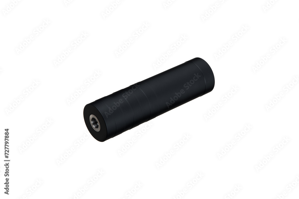 Black silencer for weapons. Suppressor that is at the end of an assault rifle. Isolate on a white back. Black silencer for weapons. Suppressor that is at the end of an assault rifle. Isolate on a white back.