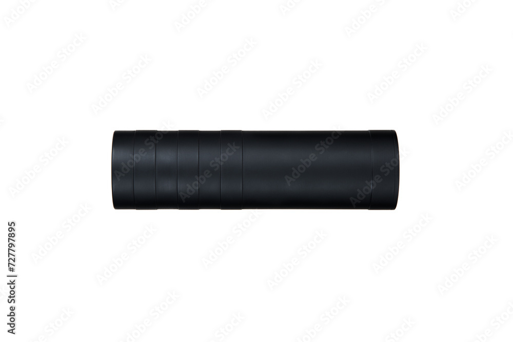 Black silencer for weapons. Suppressor that is at the end of an assault rifle. Isolate on a white back. Black silencer for weapons. Suppressor that is at the end of an assault rifle. Isolate on a white back.